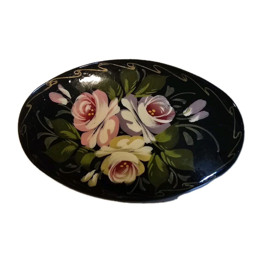 Vintage Russian Hand Painted Floral Oval Pin Brooch Signed By Artist Lacquer